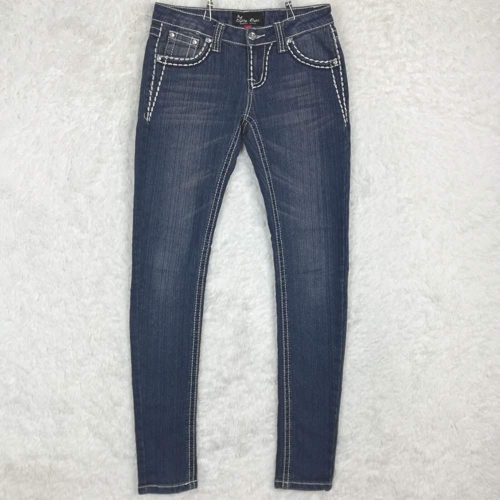 Eighty Eight Womens Jeans Skinny Blue Denim Flap Pocket Whiskering Low Rise 3‎